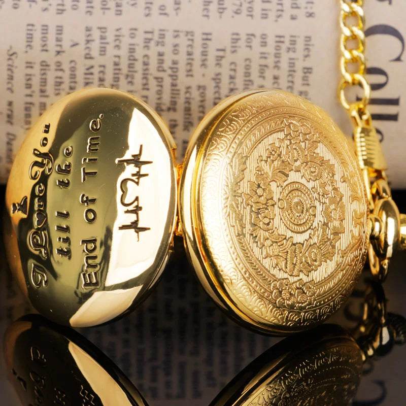 Golden Quartz Pocket Watch – I Love You Engraved Gift for Anniversary