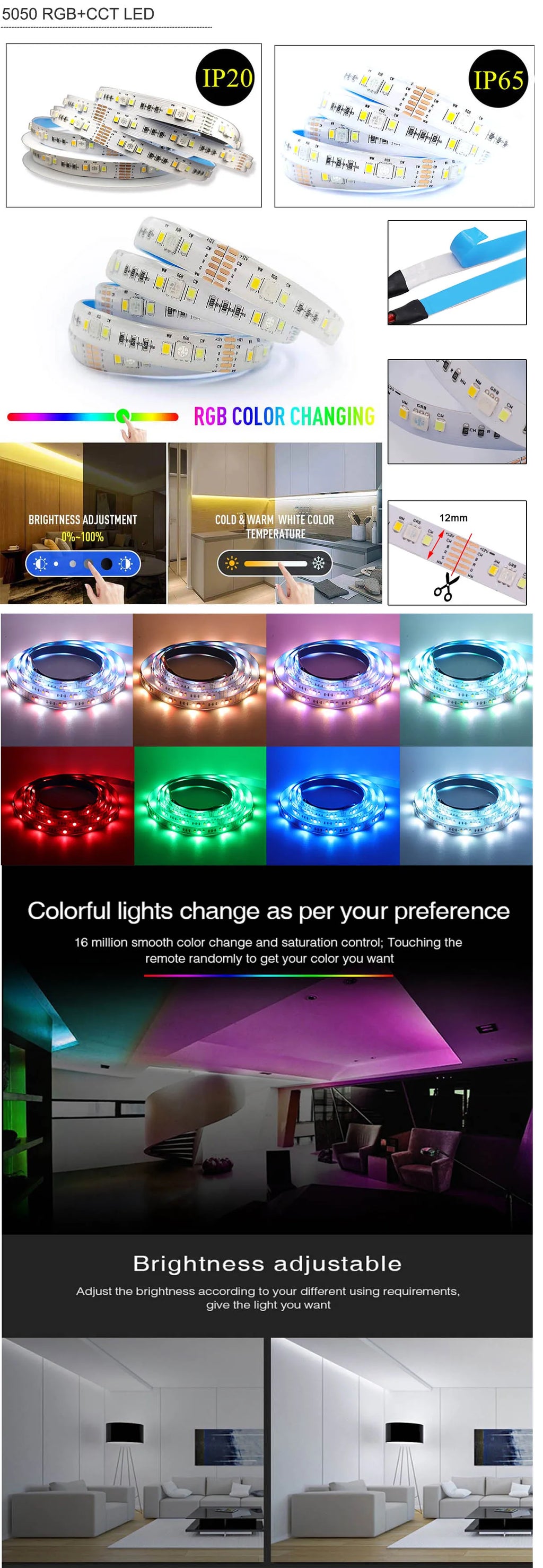 RGBCCT LED Strip Light – Waterproof Flexible Lighting for Home Decor