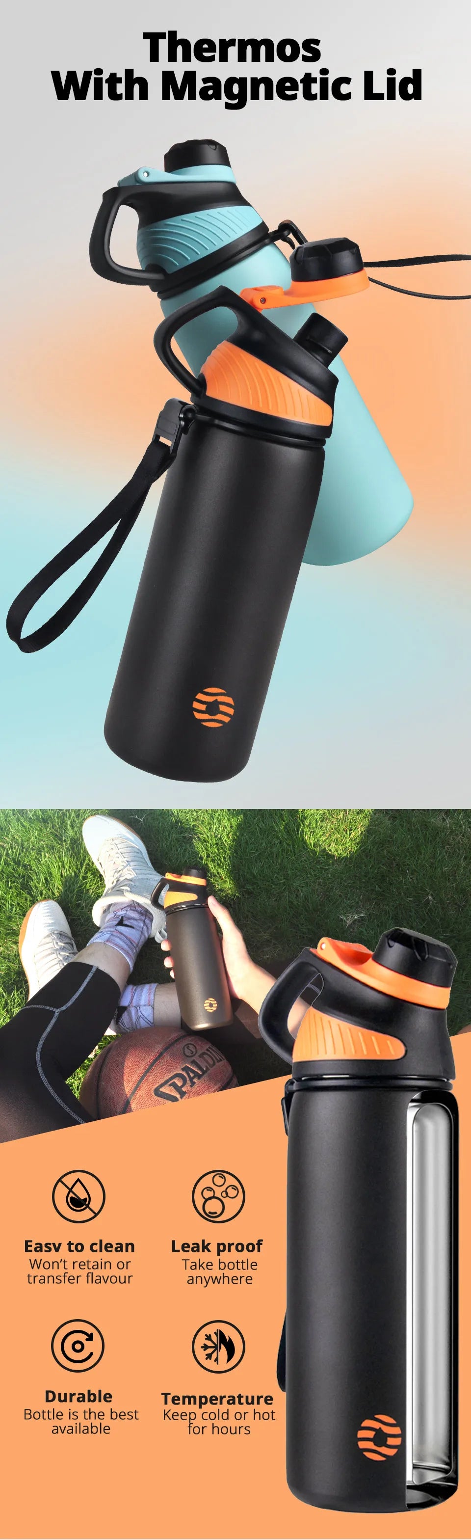 Stainless Steel Vacuum Flask – Magnetic Lid Thermal Mug for Outdoor Sports