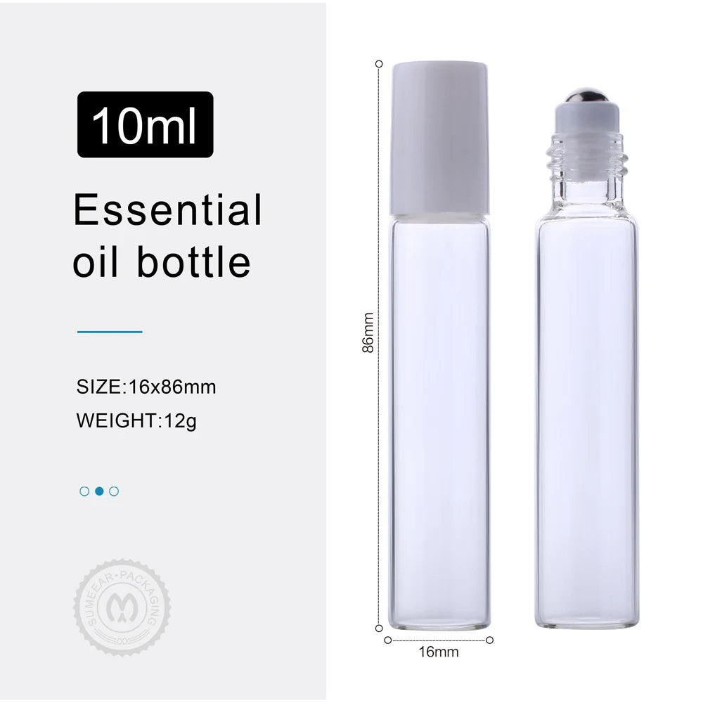 Glass Roll-On Vials – 10ml Transparent Essential Oil Bottles for Aromatherapy