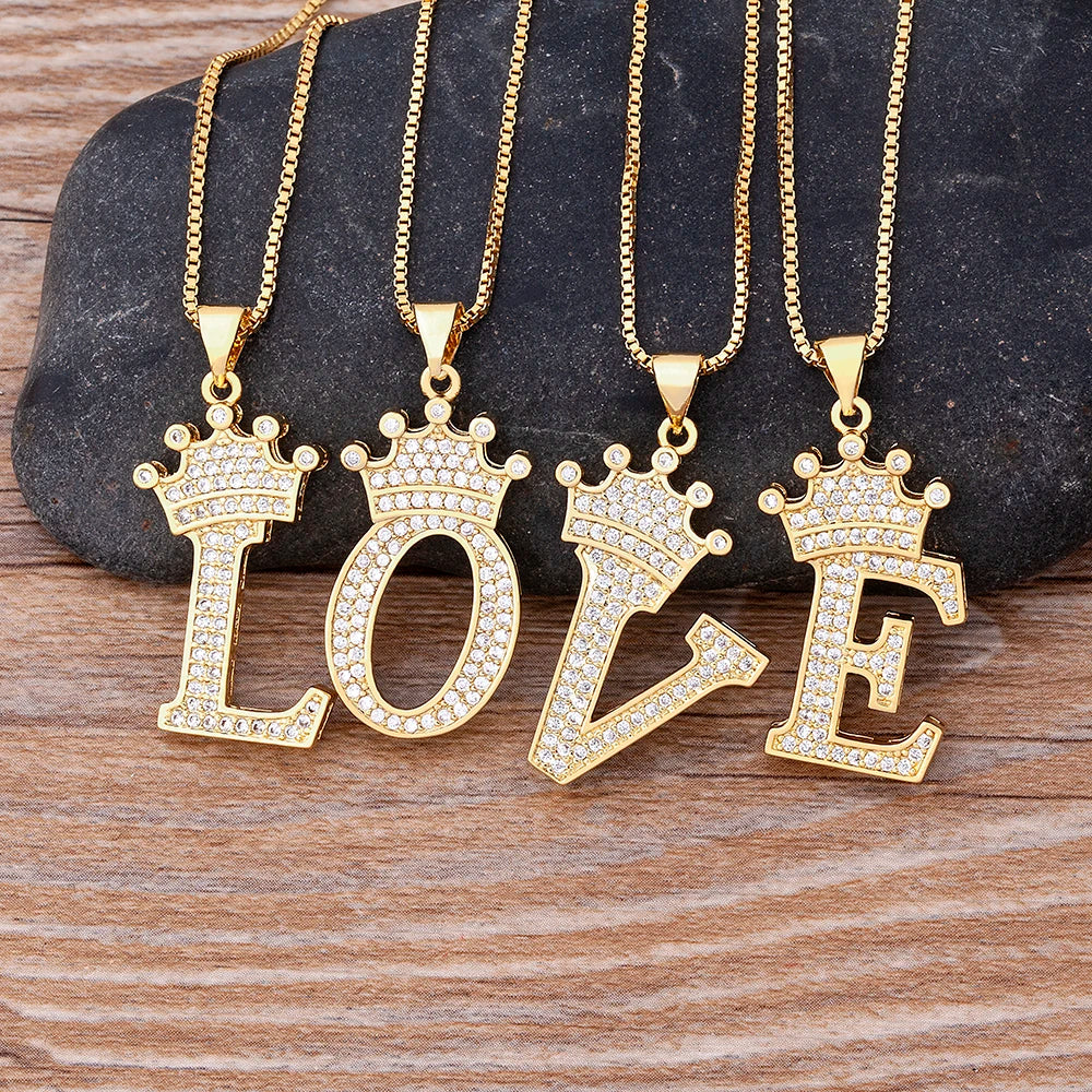 Copper Zircon Initial Crown Necklace – Hip-Hop Alphabet Jewelry for Men and Women