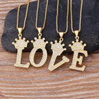 Copper Zircon Initial Crown Necklace – Hip-Hop Alphabet Jewelry for Men and Women