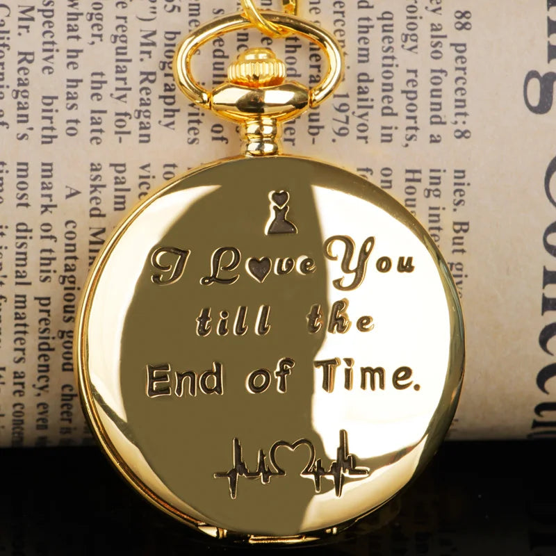 Golden Quartz Pocket Watch – I Love You Engraved Gift for Anniversary