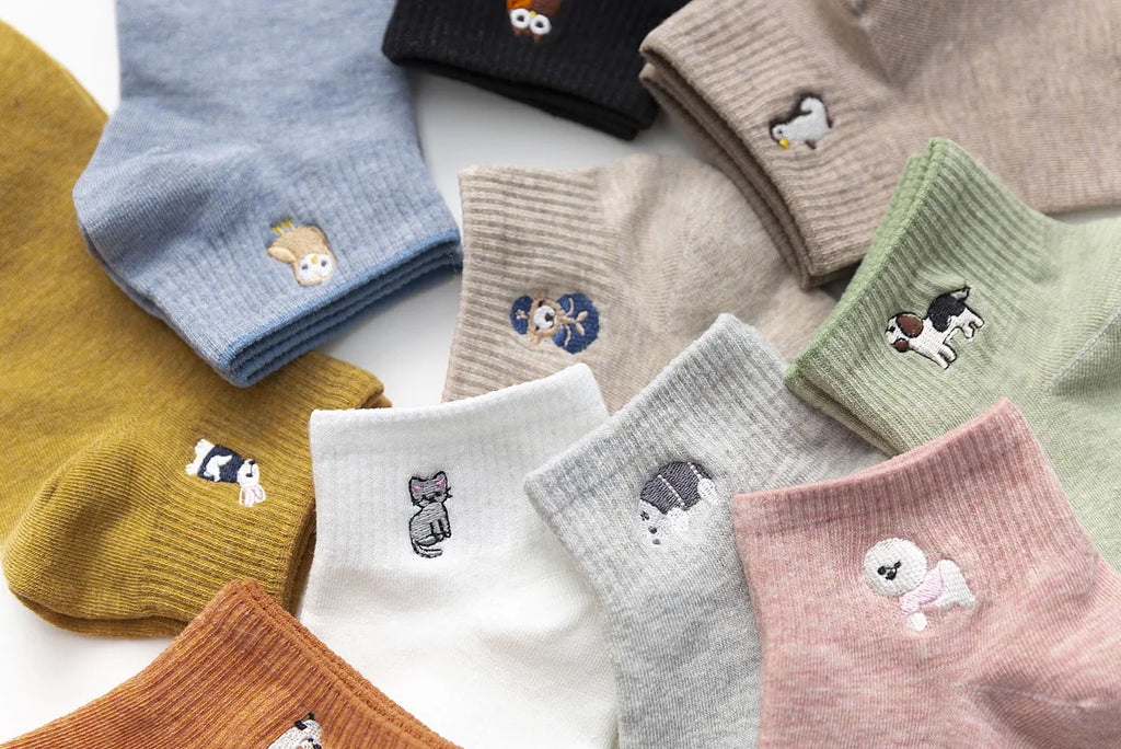 Embroidered Cotton Animal Socks – Kawaii Casual Streetwear for Women