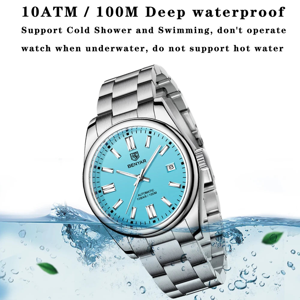 Stainless Steel Mechanical Watch – 10Bar Waterproof for Diving and Sports