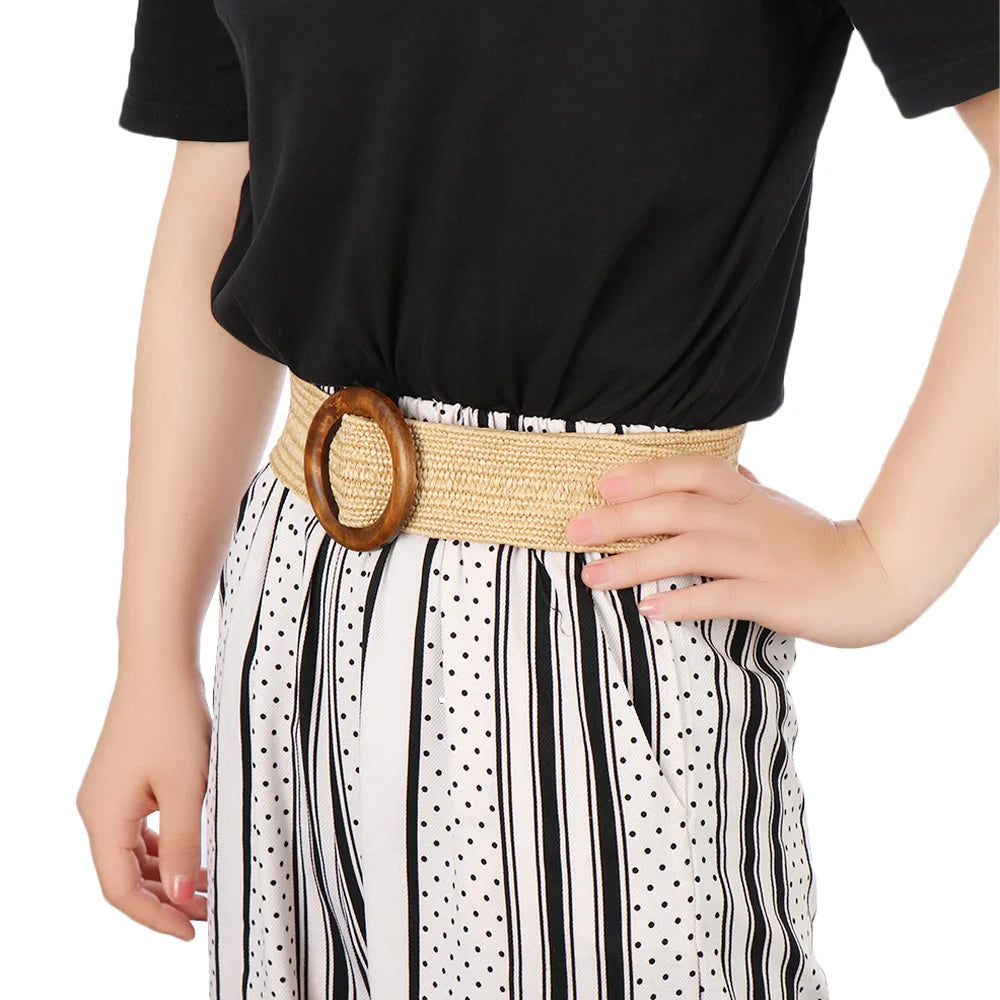 Woven Straw Waist Belt – Round Wooden Buckle for Summer Dress Accessories