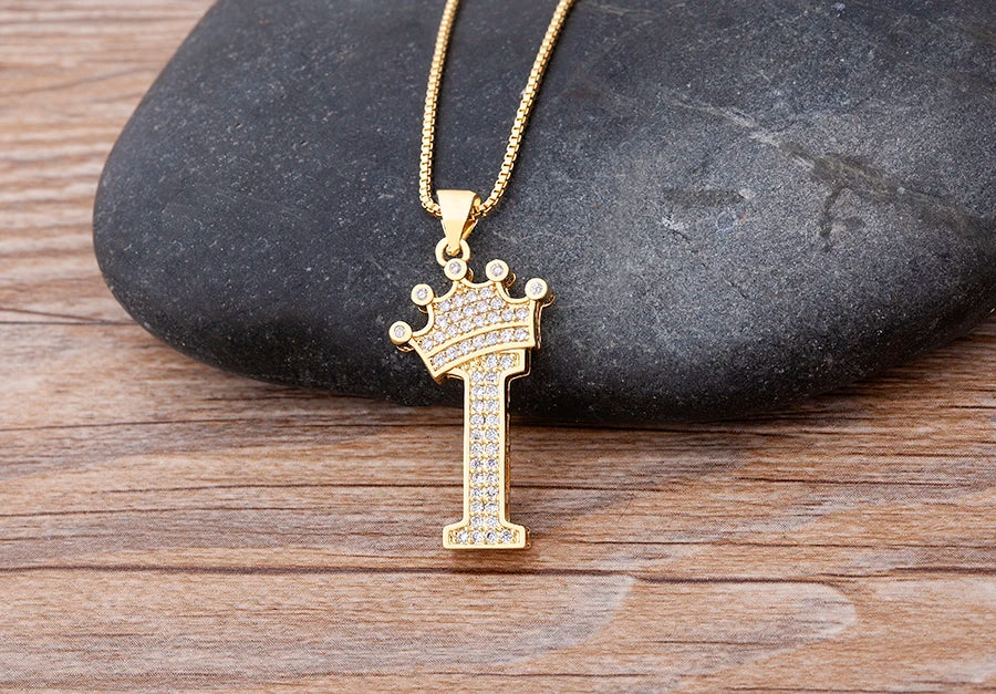 Copper Zircon Initial Crown Necklace – Hip-Hop Alphabet Jewelry for Men and Women