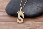 Copper Zircon Initial Crown Necklace – Hip-Hop Alphabet Jewelry for Men and Women