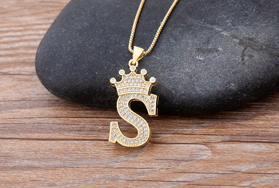 Copper Zircon Initial Crown Necklace – Hip-Hop Alphabet Jewelry for Men and Women