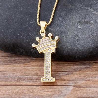 Copper Zircon Initial Crown Necklace – Hip-Hop Alphabet Jewelry for Men and Women