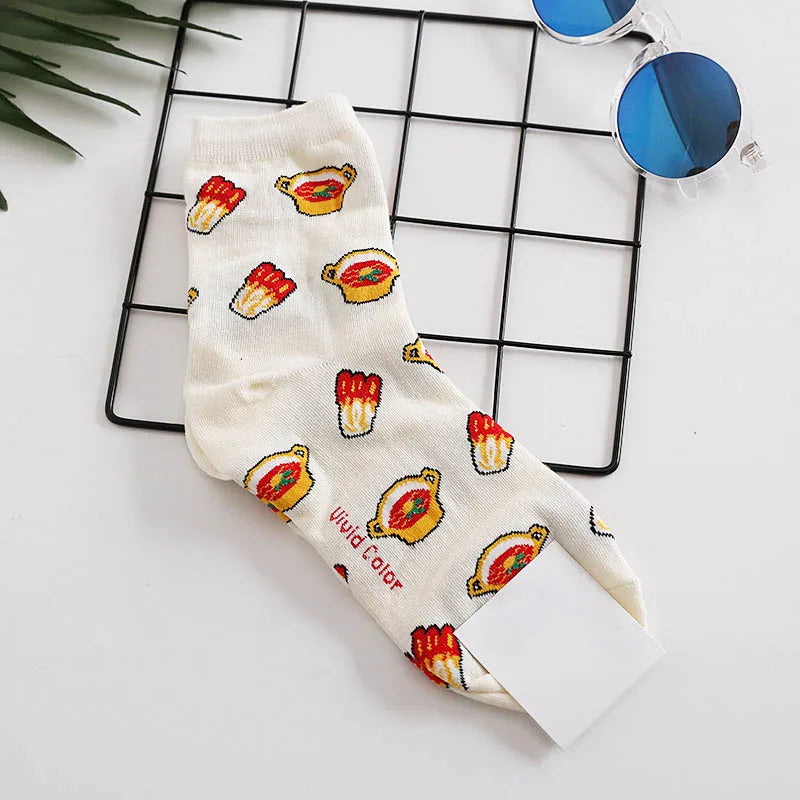 Novelty Food Print Crew Socks – Funny Cartoon Cotton Socks for Casual Wear