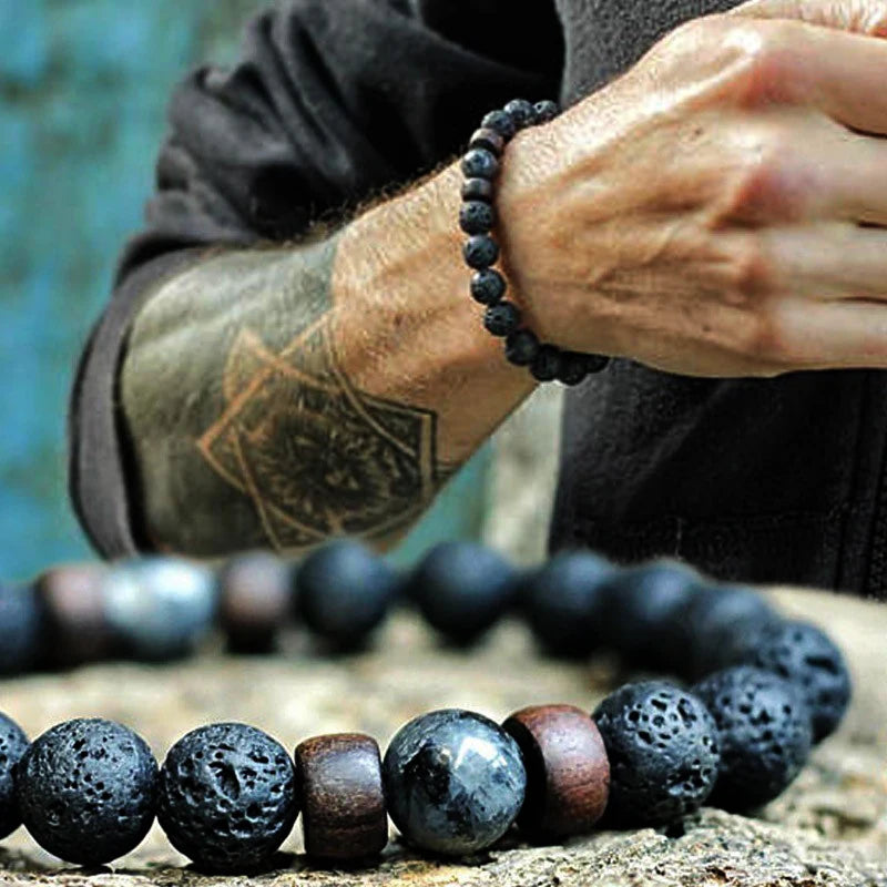 Lava Stone and Wood Bead Bracelet – 8mm Tibetan Buddha Jewelry for Men and Women