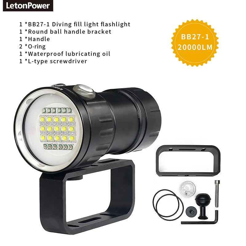 Underwater LED Photography Light – 20000LM Waterproof Video Torch for Diving