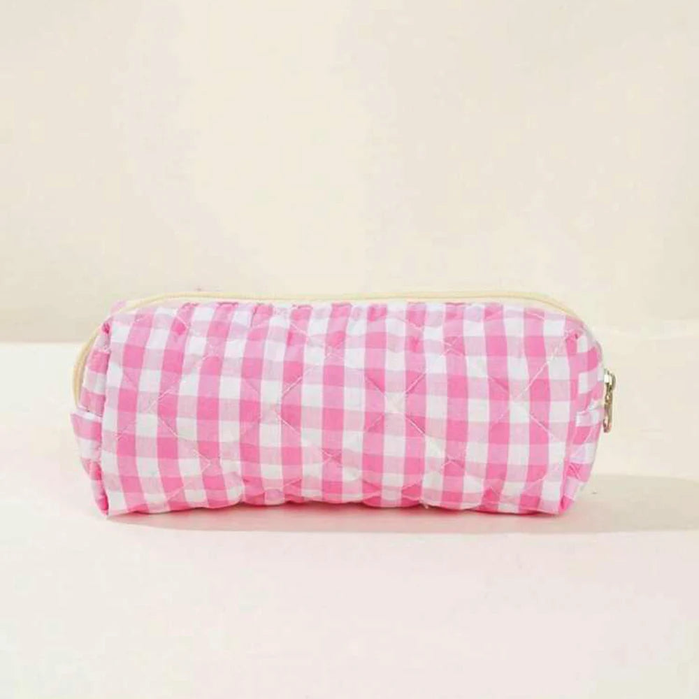 Large Checkered Cotton Cosmetic Bag – Plaid Travel Toiletry Organizer for Women