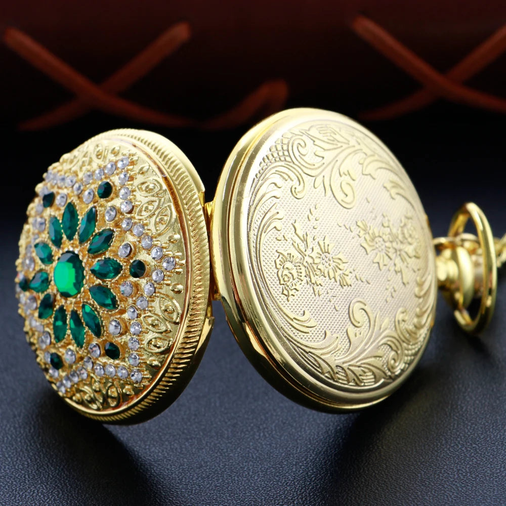 Emerald Diamond Pocket Watch Necklace – Luxury Gold Pendant for Gift