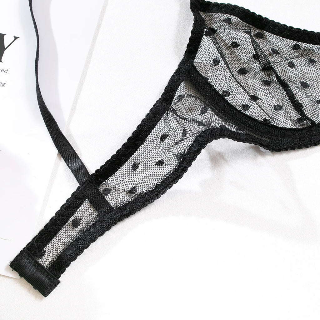Polka Dot Mesh Lingerie Set – Sheer Underwire Bra and G-String for Women