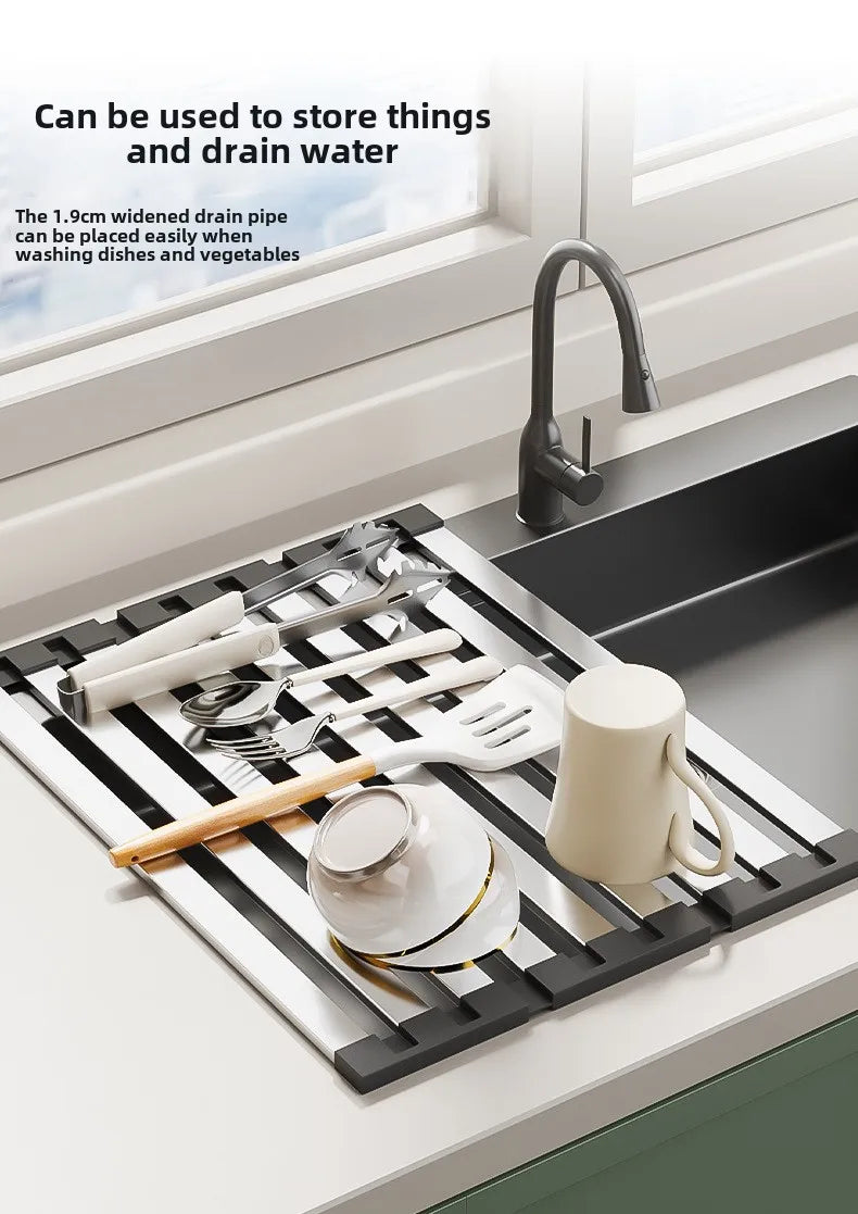 Stainless Steel Roll Up Drain Rack – Foldable Kitchen Dish Drying Basket