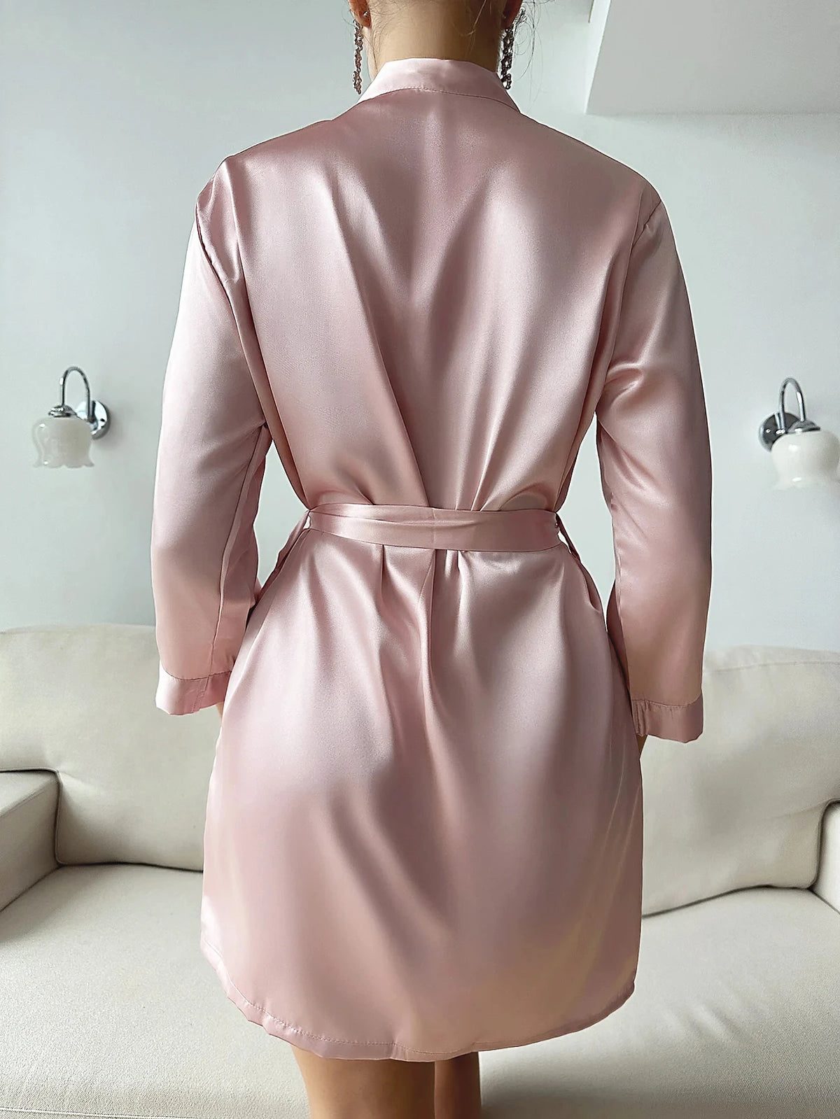 Satin Long Sleeve V-Neck Robe – Women's Silk-Feel Sleepwear Loungewear