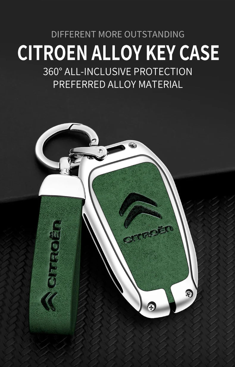 Zinc Alloy Leather Car Key Case – Protective Remote Cover for Citroen Models