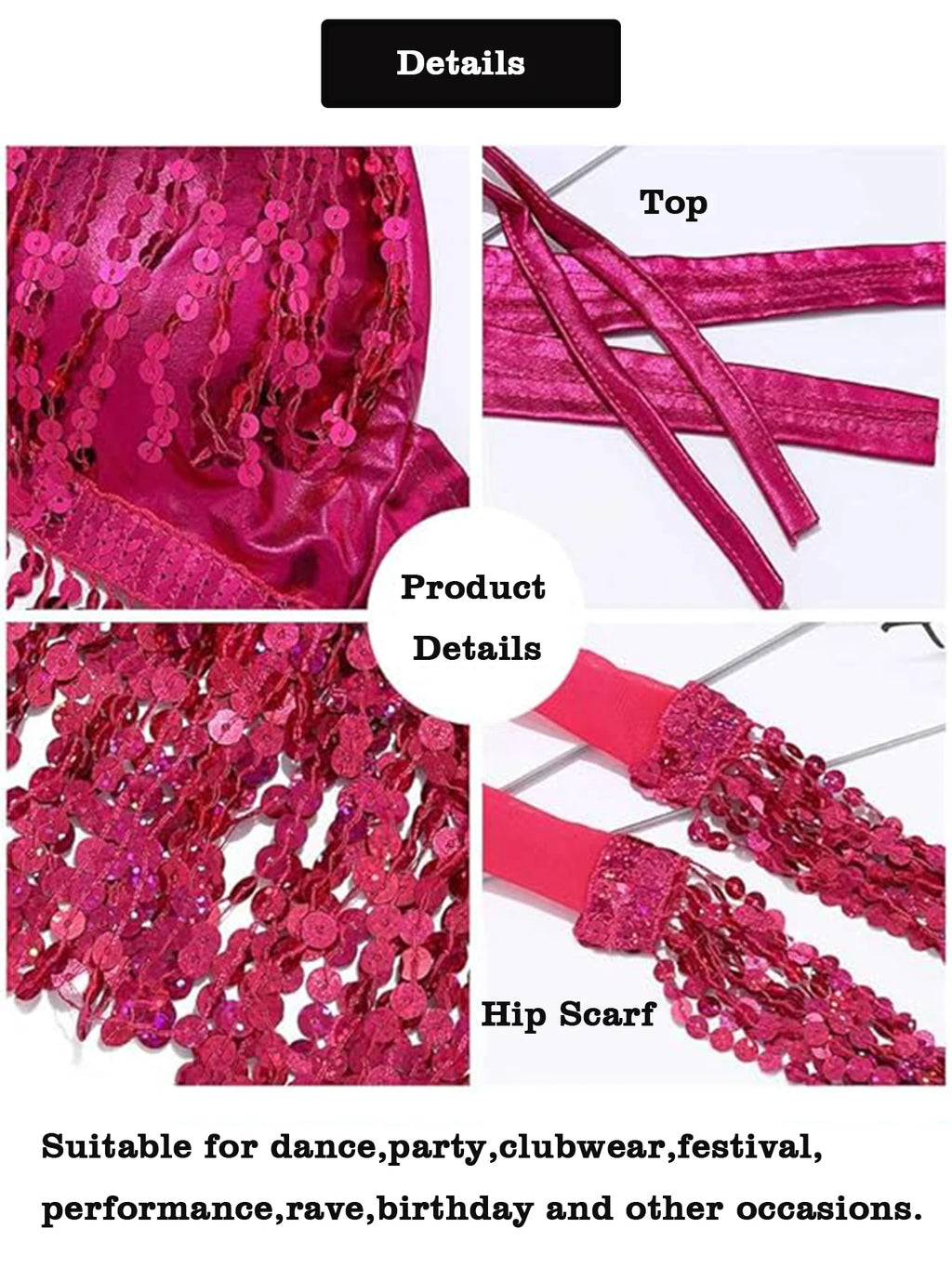 Pink sequin dance costume set with top and hip scarf, ideal for party or festival wear.