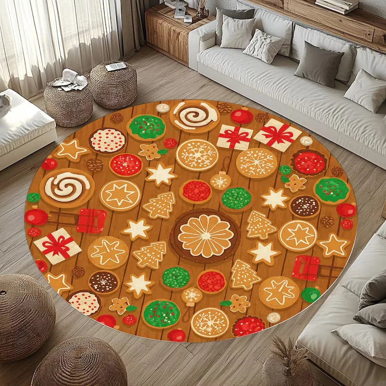 Christmas Round Rug – Gingerbread Holiday Carpet for Festive Home Decor