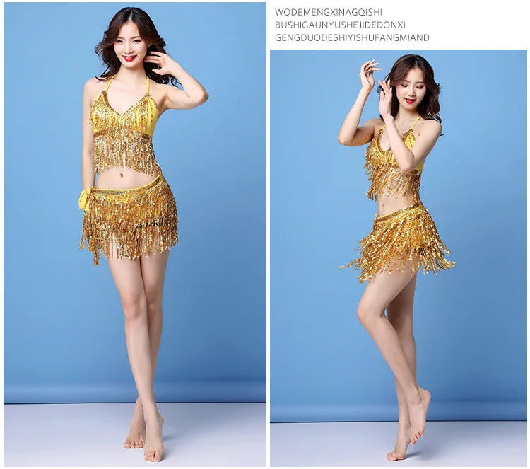 Woman modeling a gold sequin fringe dance costume set against a blue background