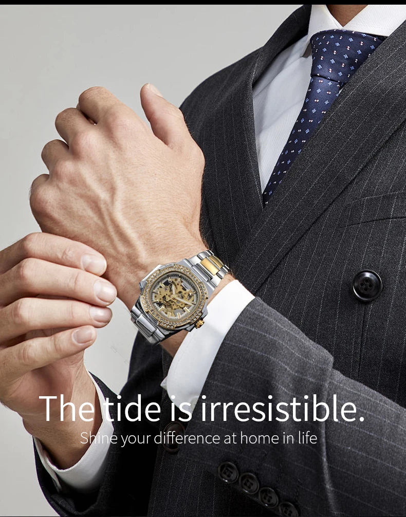 Skeleton Automatic Watch – Luxury Stainless Steel Diamond for Men