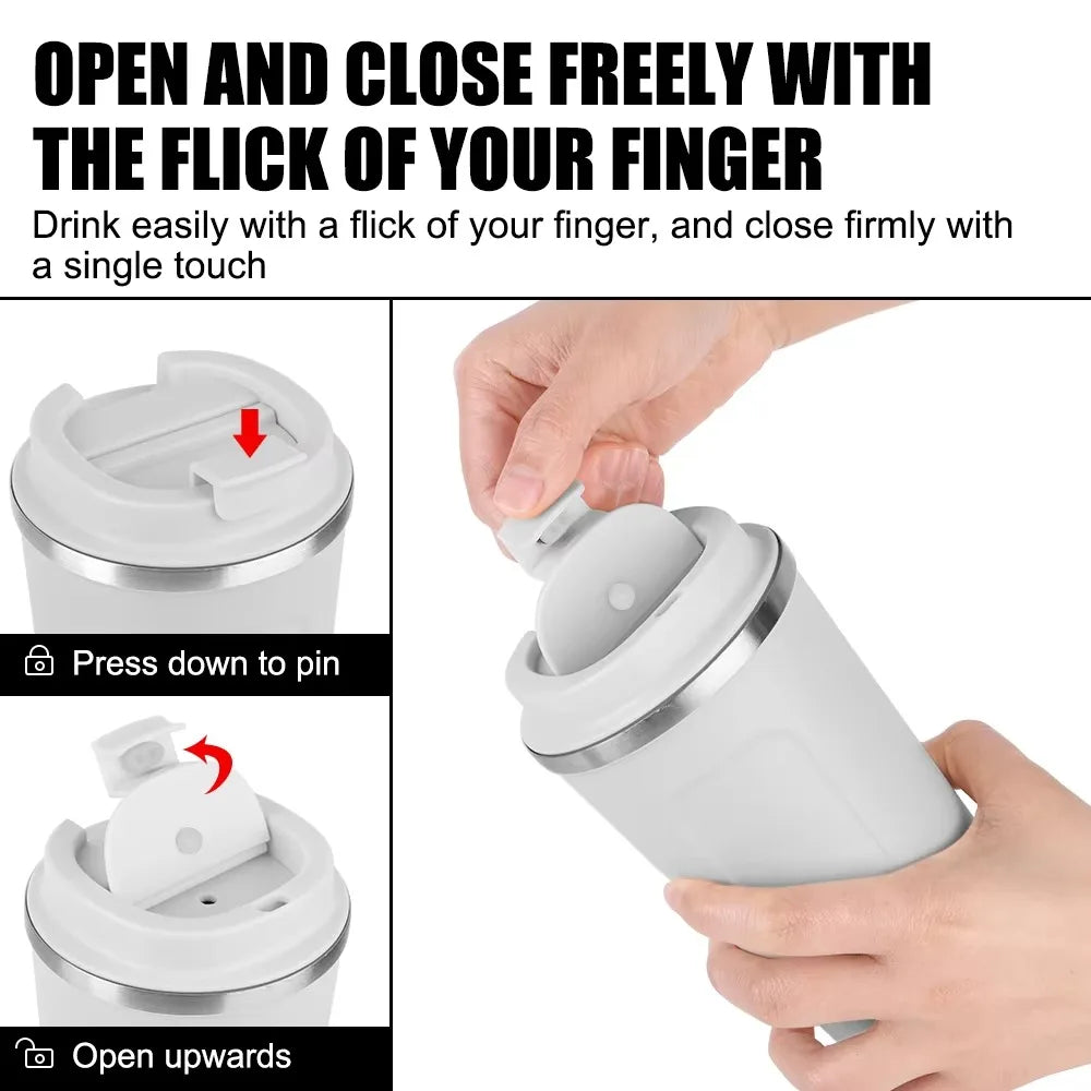 Hand opening insulated travel mug lid with easy flip top mechanism, white stainless steel cup