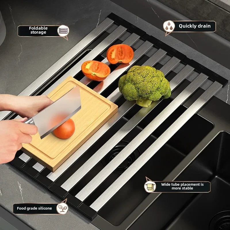 Stainless Steel Roll Up Drain Rack – Foldable Kitchen Dish Drying Basket
