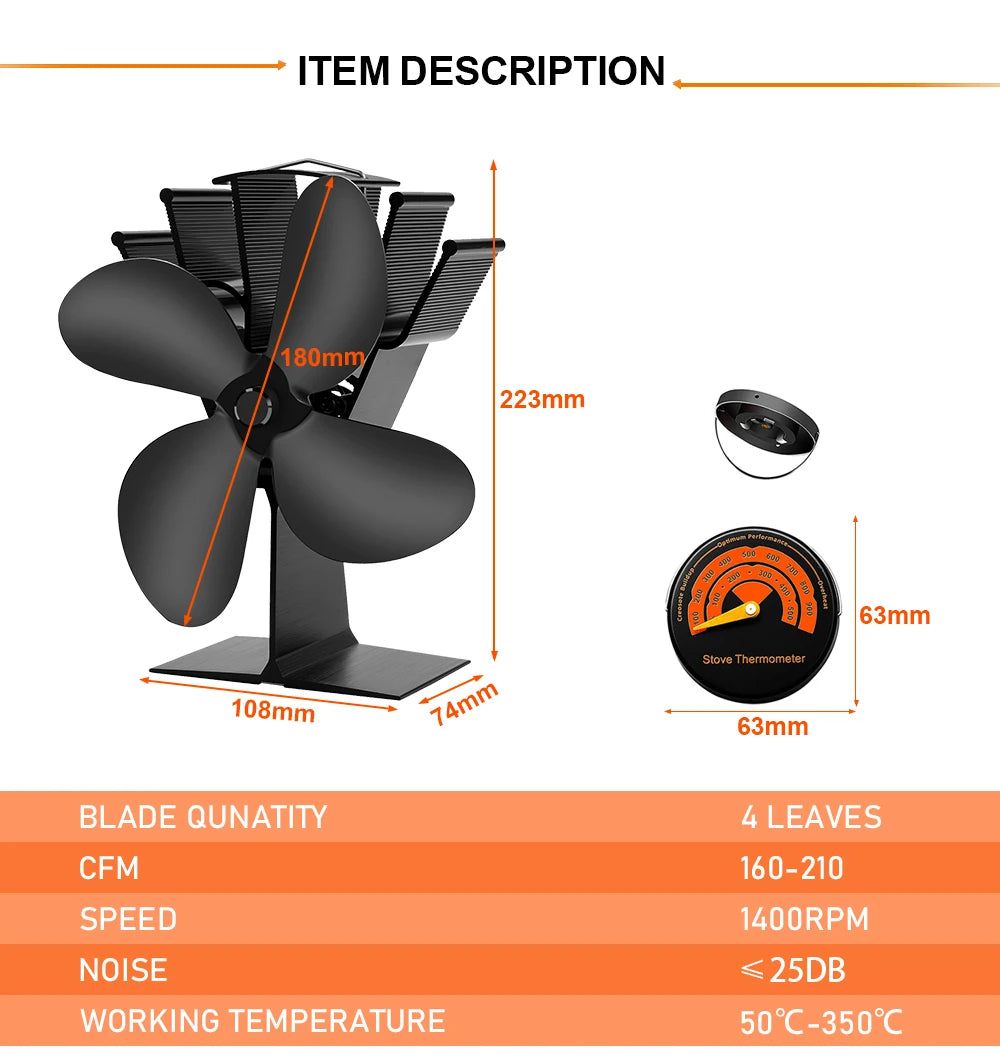 4 Blade Heat Powered Stove Fan – Eco Friendly Wood Burner for Winter Heating