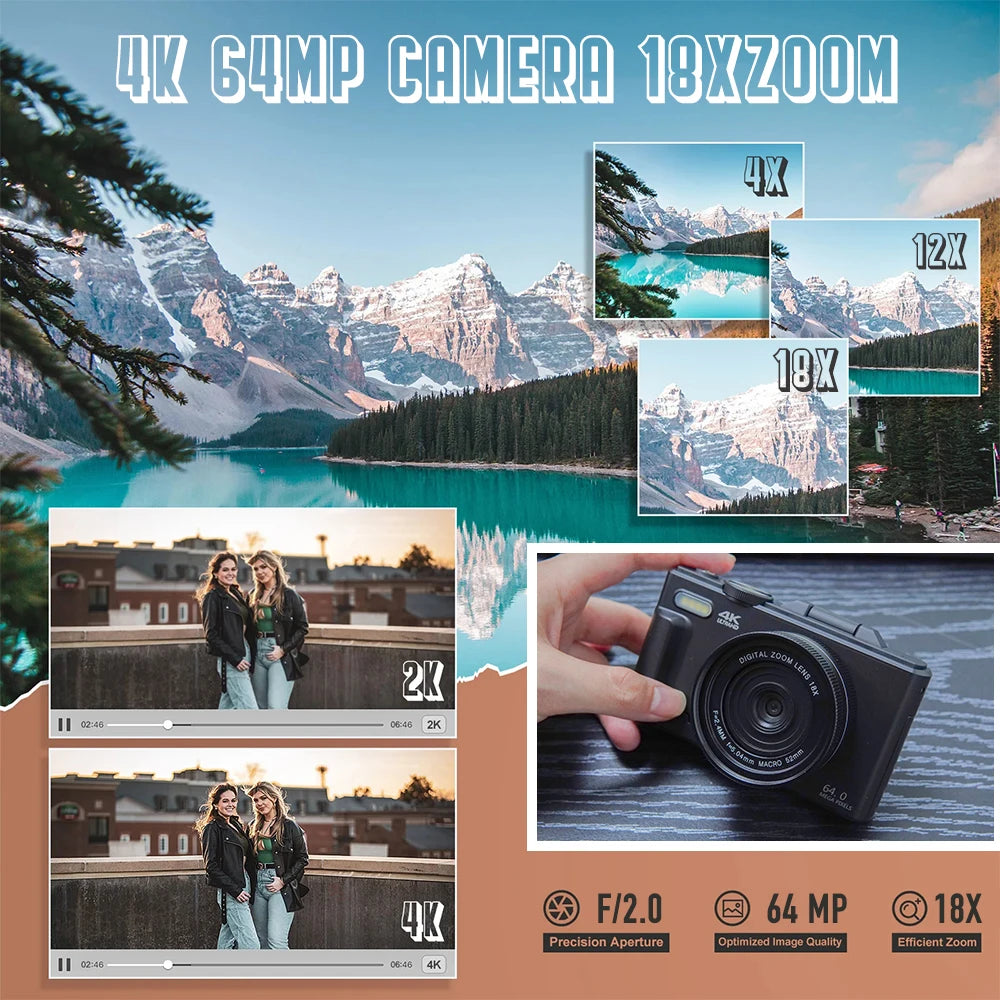 4K Digital Camera – 64MP Vlogging Compact with Flip Screen for Photography