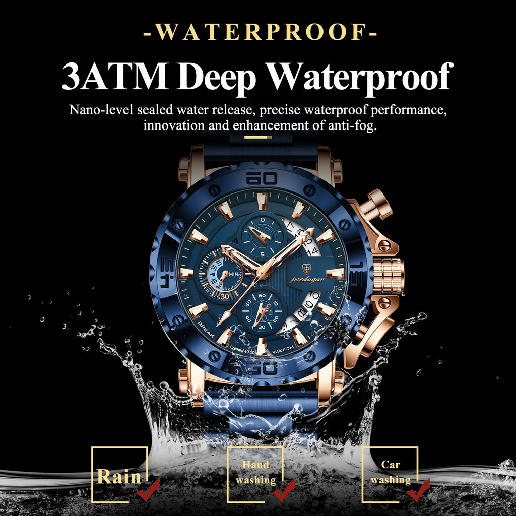 Stainless Steel Chronograph Watch – Luminous Waterproof Quartz for Men
