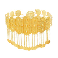 Intricate gold waist belt with filigree patterns and hanging coin charms, traditional jewelry