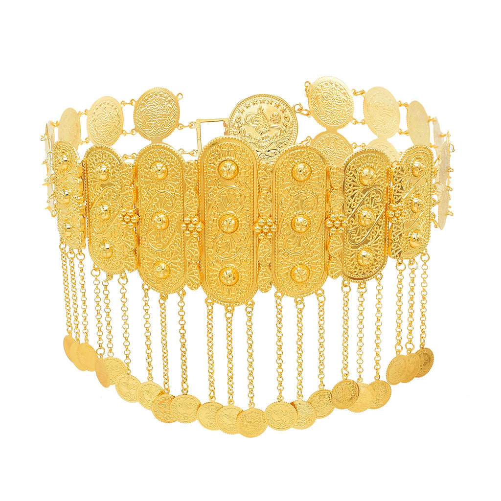 Intricate gold waist belt with filigree patterns and hanging coin charms, traditional jewelry