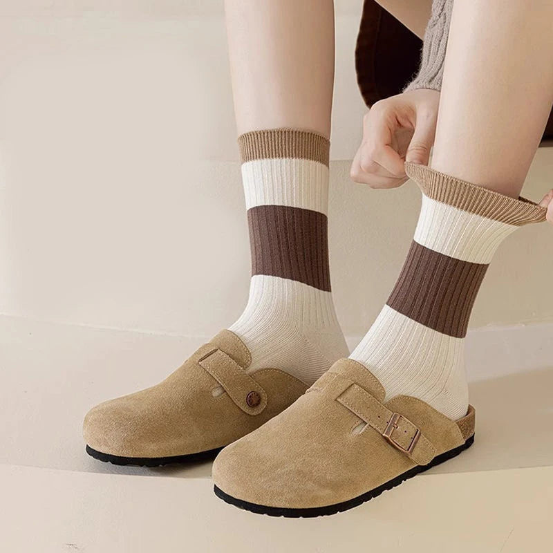 Maillard Color Crew Socks – Vintage Autumn Winter Athletic Hosiery for Women