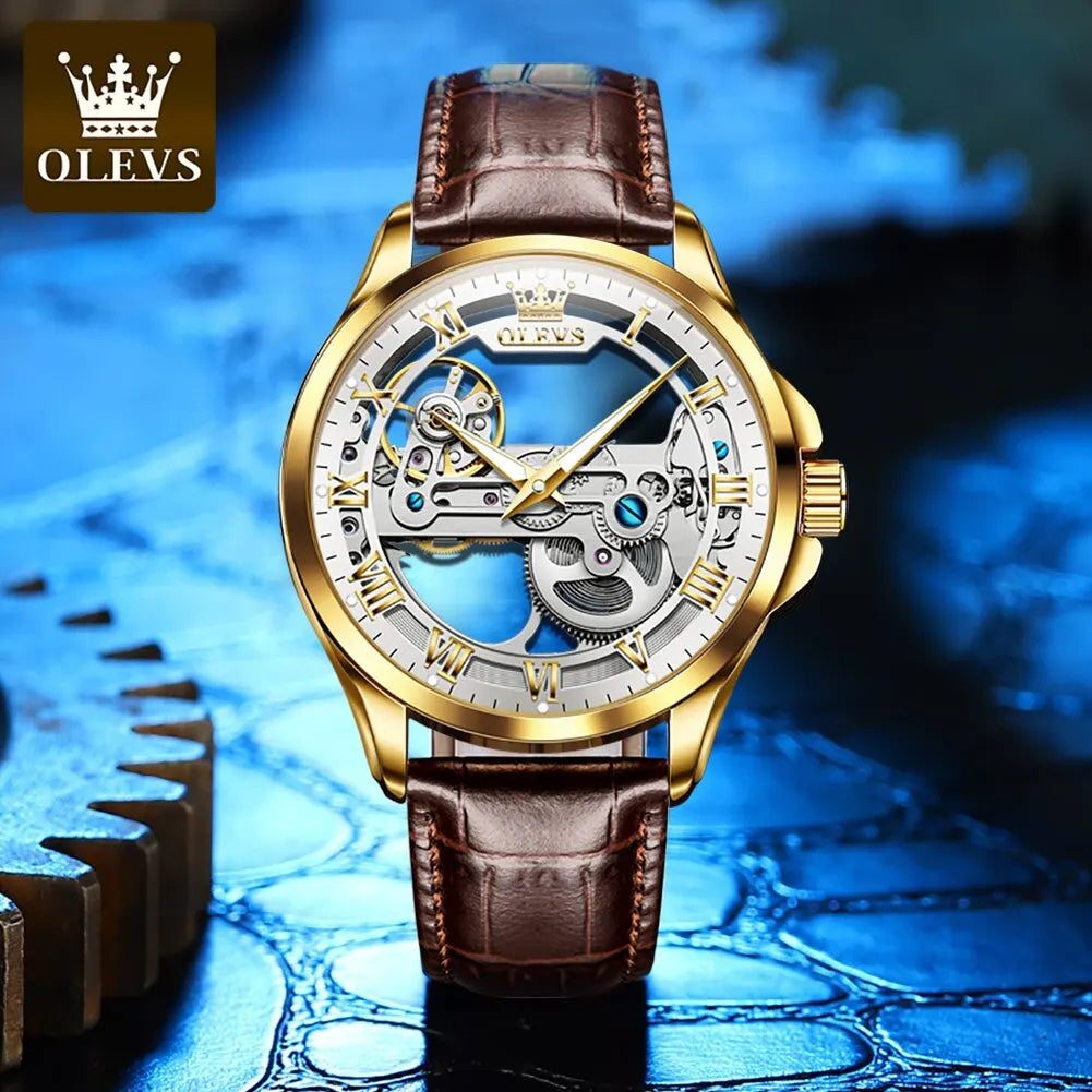 Automatic Skeleton Mechanical Watch – Leather Strap for Luxury Mens Formal Wear
