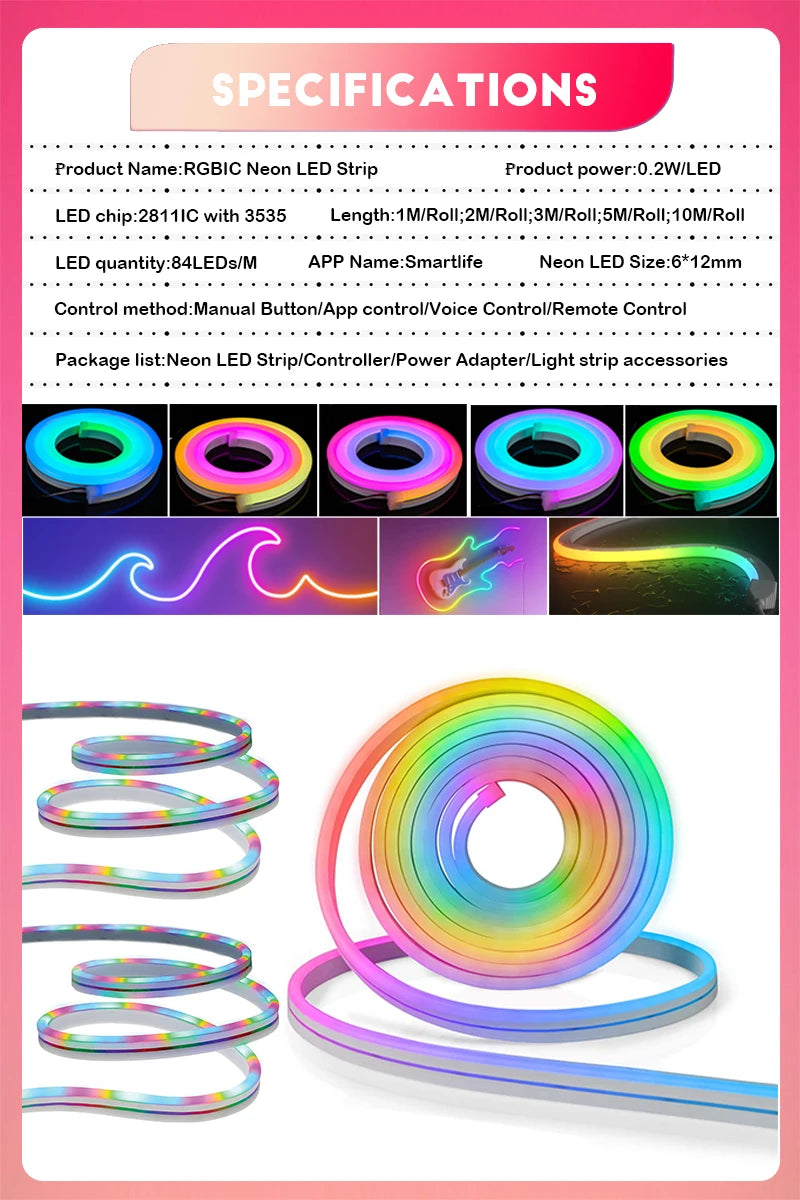 RGBIC Silicone Neon LED Strip – Music Sync Lighting for Room Decor