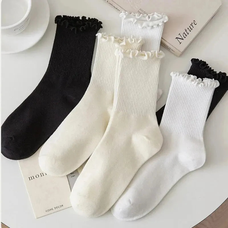 Ruffled Mid-Tube Socks – Breathable Cotton Casual Wear for Women