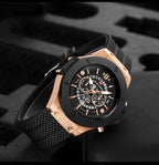 Mens Rose Gold Silicone Sports Watch – 46mm Hollow Dial for Daily Fashion