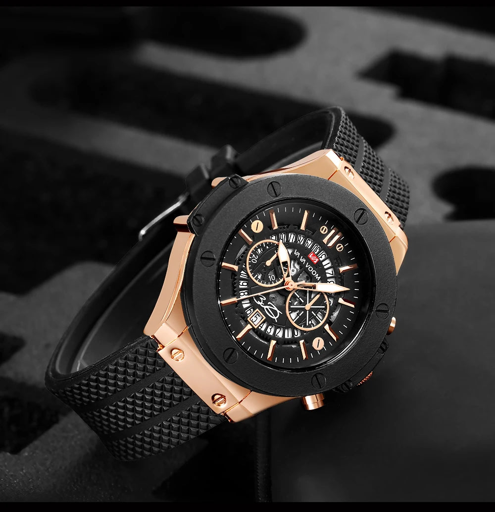 Mens Rose Gold Silicone Sports Watch – 46mm Hollow Dial for Daily Fashion