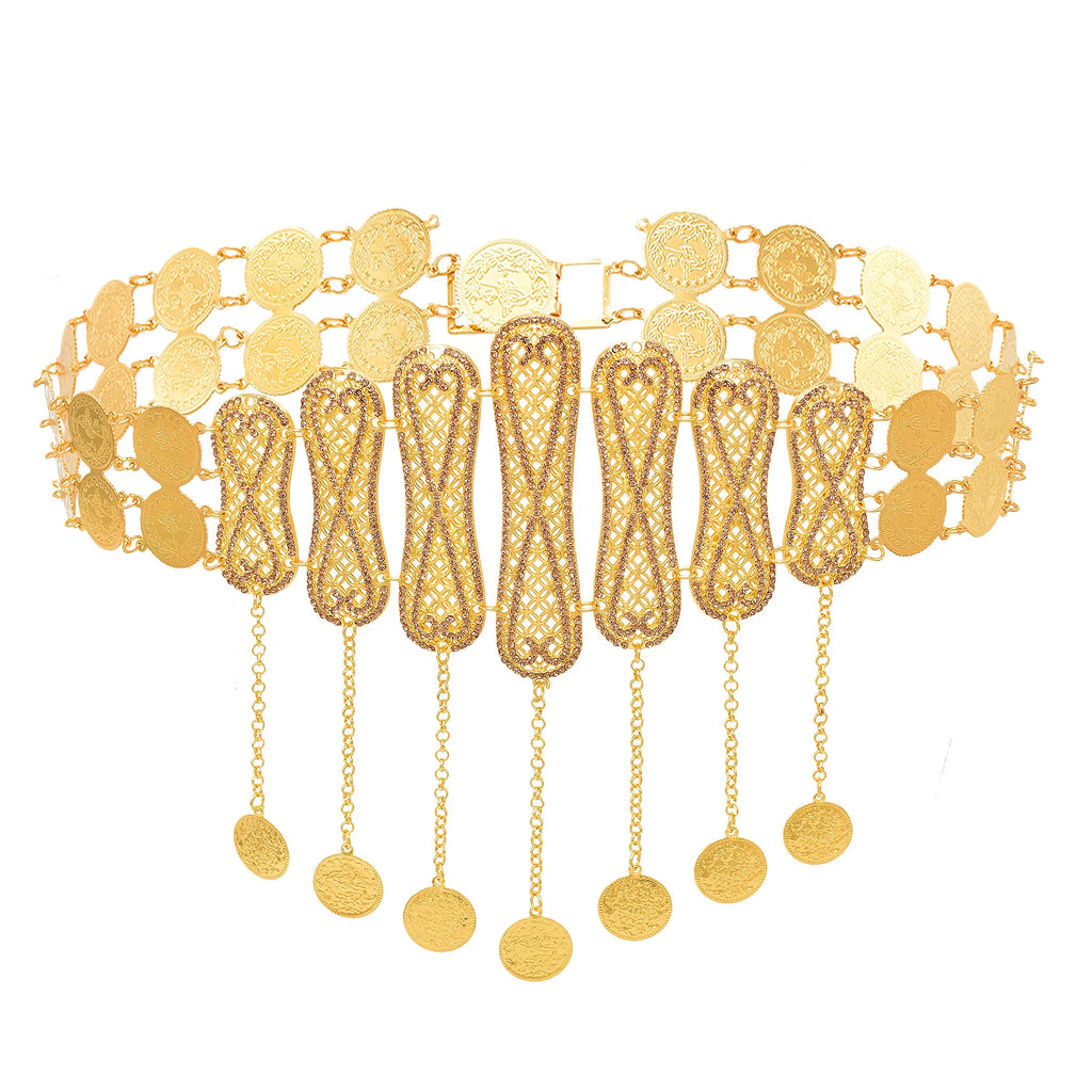 Gold coin belt with intricate filigree and dangling round medallions, jewelry accessory