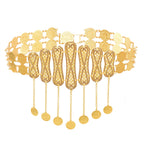 Gold coin belt with intricate filigree and dangling round medallions, jewelry accessory