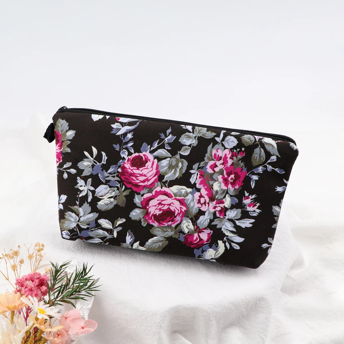 Floral Zipper Makeup Bag – Portable Travel Cosmetic Organizer for Women
