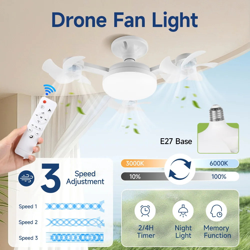 Silent Ceiling Fan Light – Remote Controlled E27 Lamp for Bedroom Living Room