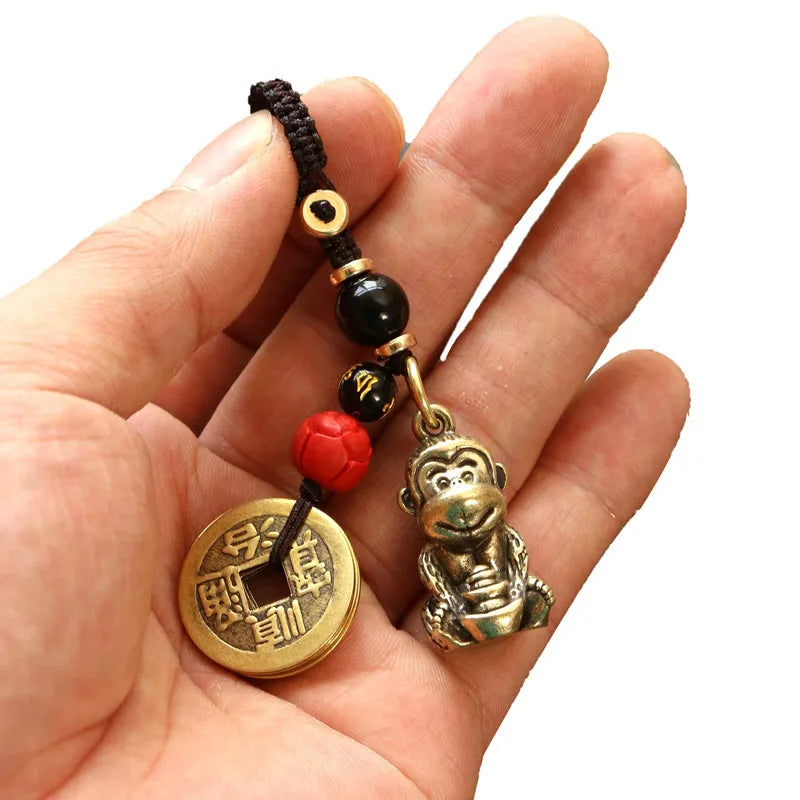 Brass Monkey Key Ring – Feng Shui Lucky Coin Charm for Car Keychain Decor