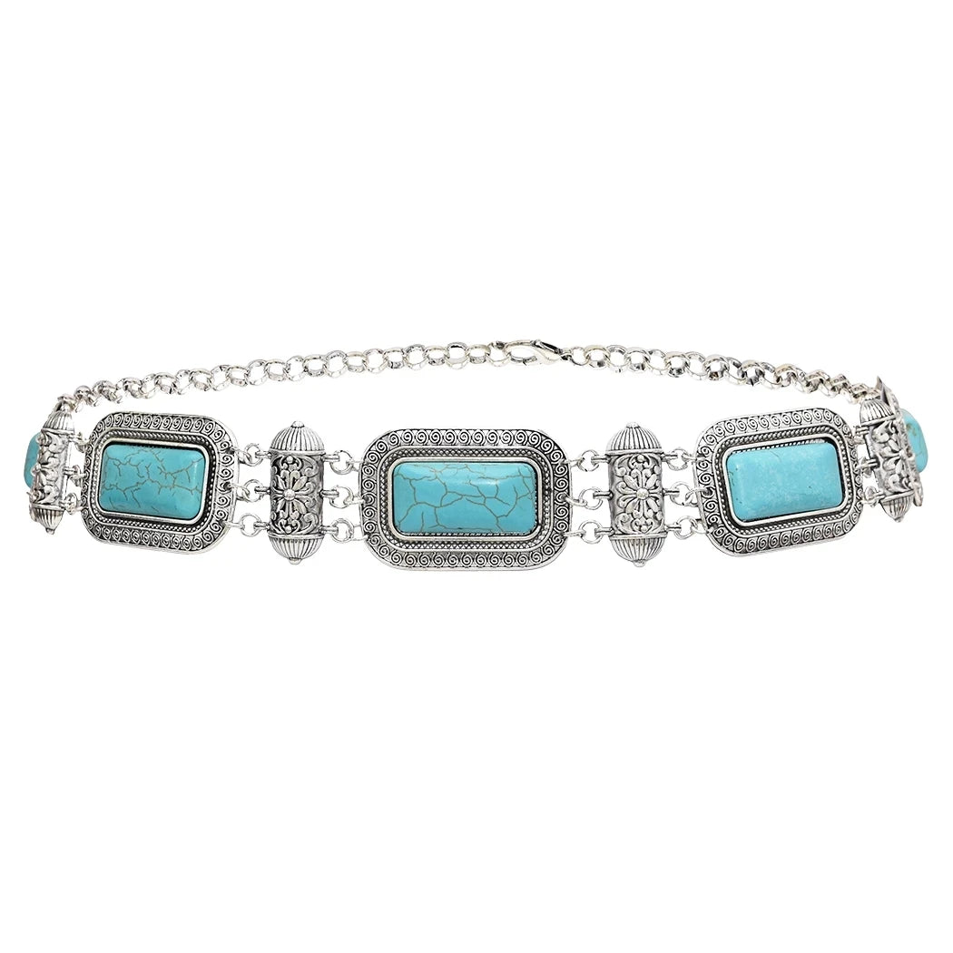 Silver chain belt with turquoise rectangular stones and ornate filigree detailing