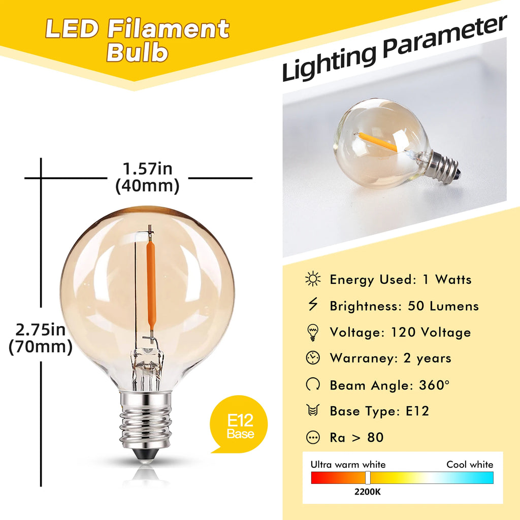 G40 Gold Tint LED Filament Bulbs – Dimmable Glass Globe for Outdoor Decor