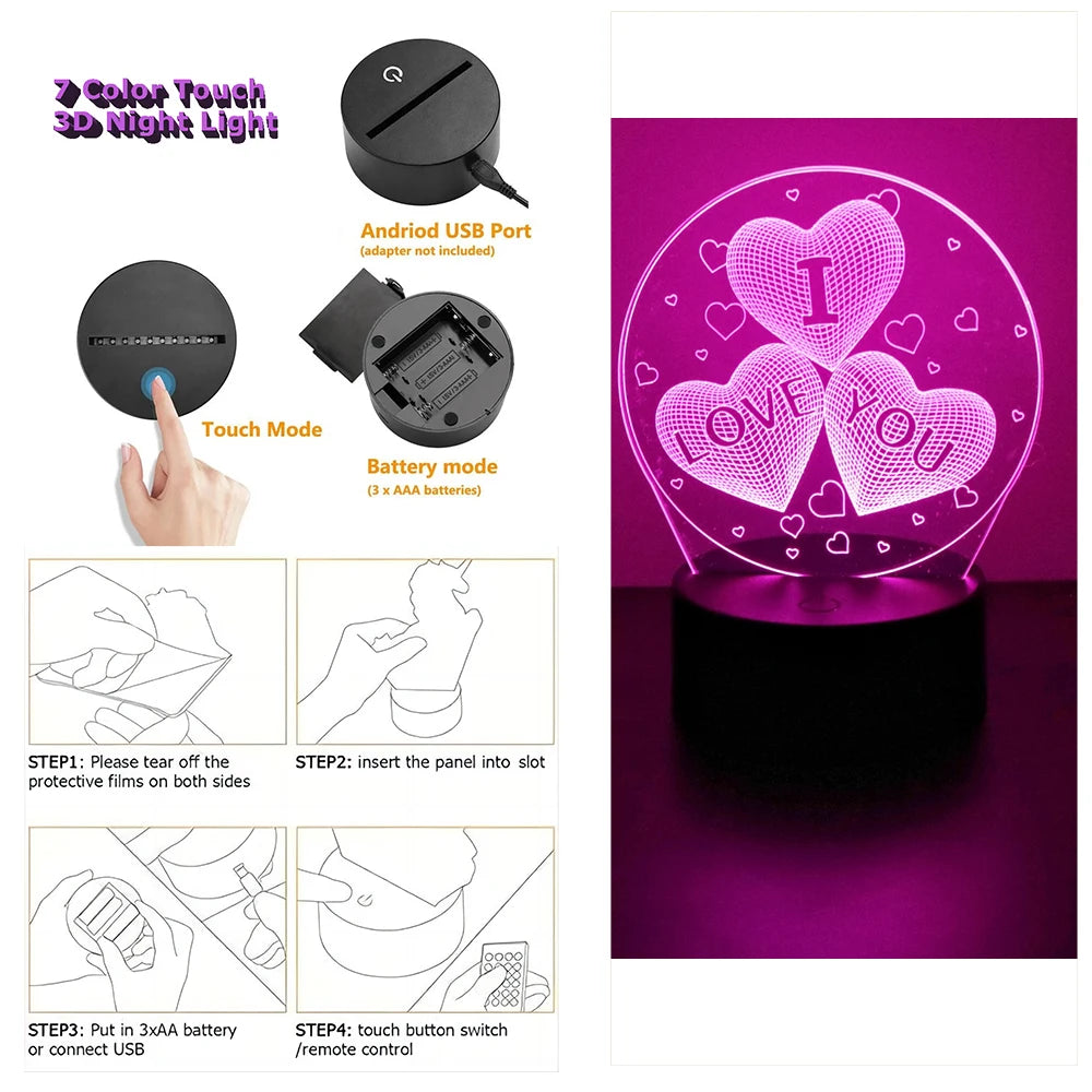 3D Heart LED Night Light – Romantic Illusion Lamp for Valentine's Day Gifts