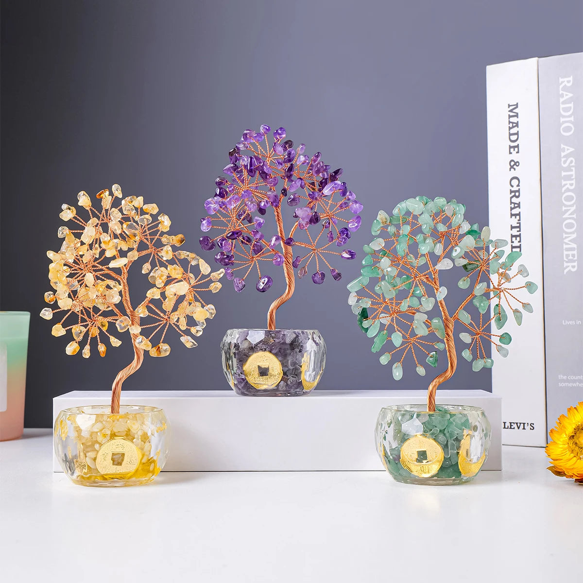 Natural Crystal Tree of Life Ornament – Crushed Stone Decor for Home Office