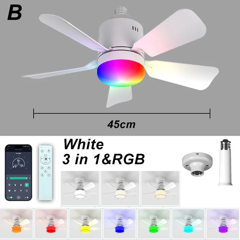 Smart RGB Ceiling Fan – E27 Bluetooth Lamp for Bedroom Decor